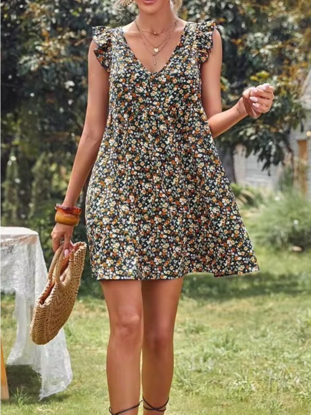 SHEIN Black Floral V-Neck Ruffle Sleeve Mini Dress